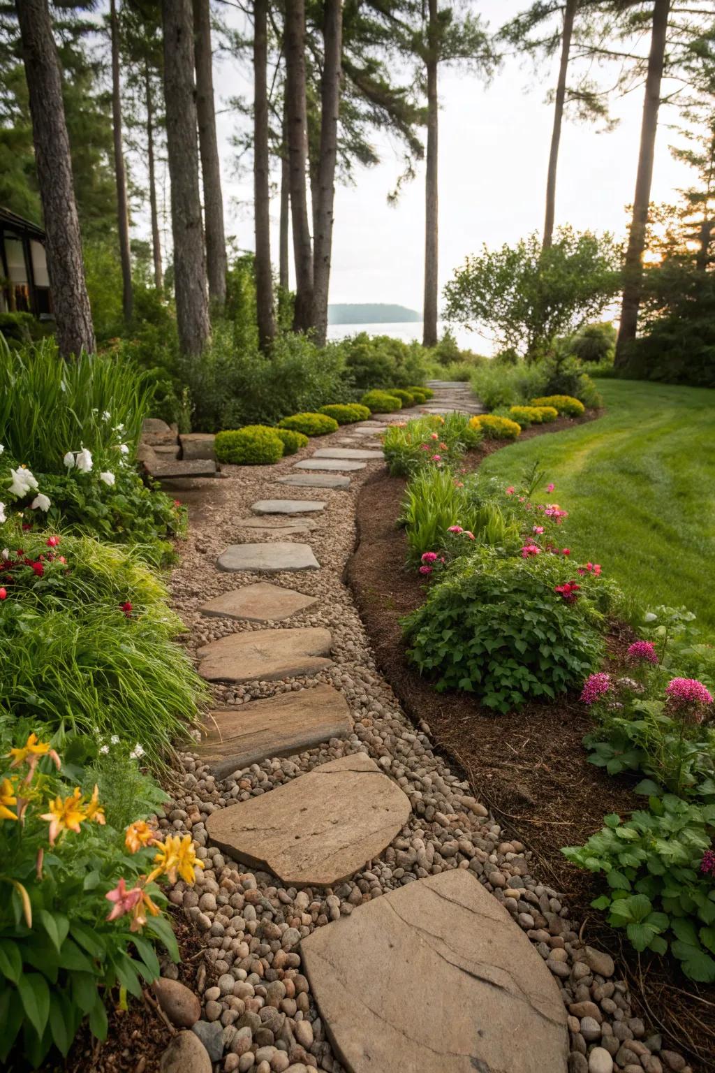 Construct captivating pathways using a combination of river stones and mulch.
