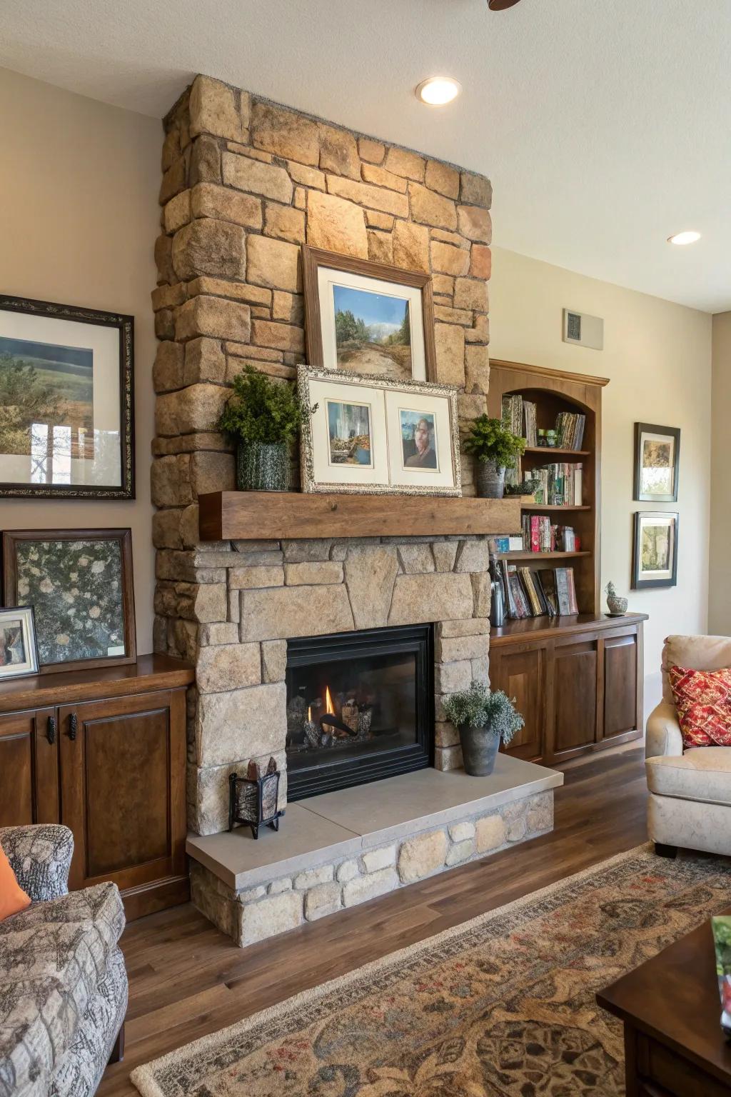 A living room showcases a stone fireplace with tiered mantels for increased complexity.