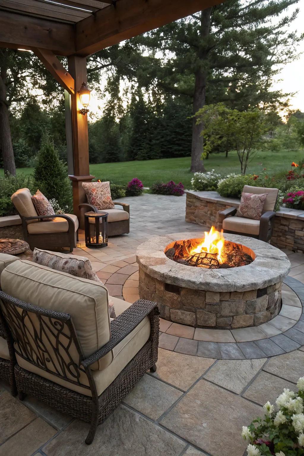 A stone patio focused around a welcoming bonfire.
