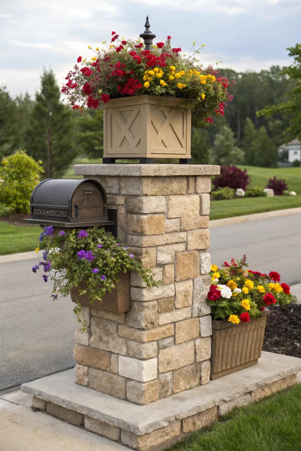 A stone mailbox pillar enhanced with a lively built-in plant bed.
