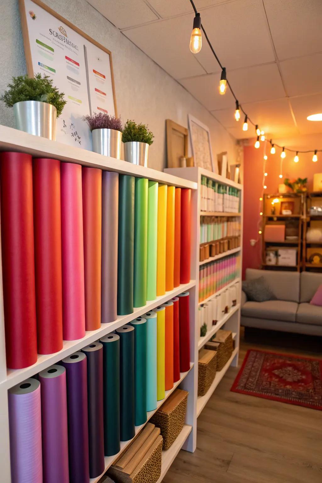 Organizing by color makes it easy to locate the desired vinyl roll.