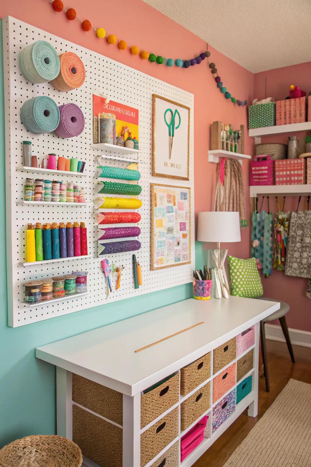 Keep your crafting supplies organized with a versatile pegboard.