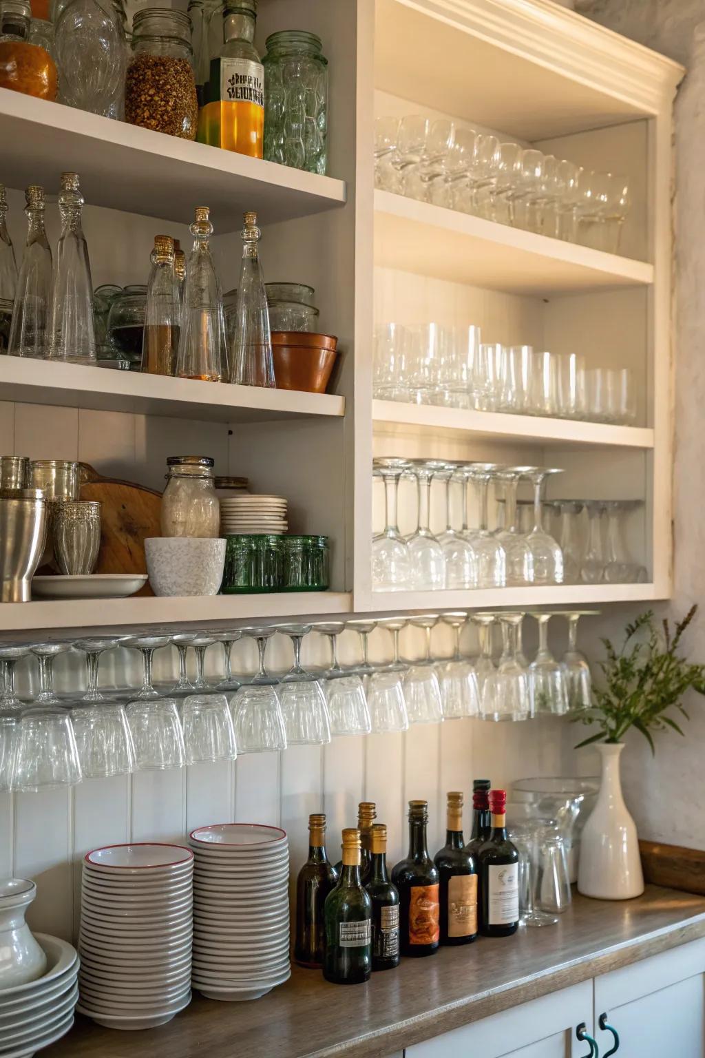 Open shelving enhances the airy feel and displays your glassware beautifully.