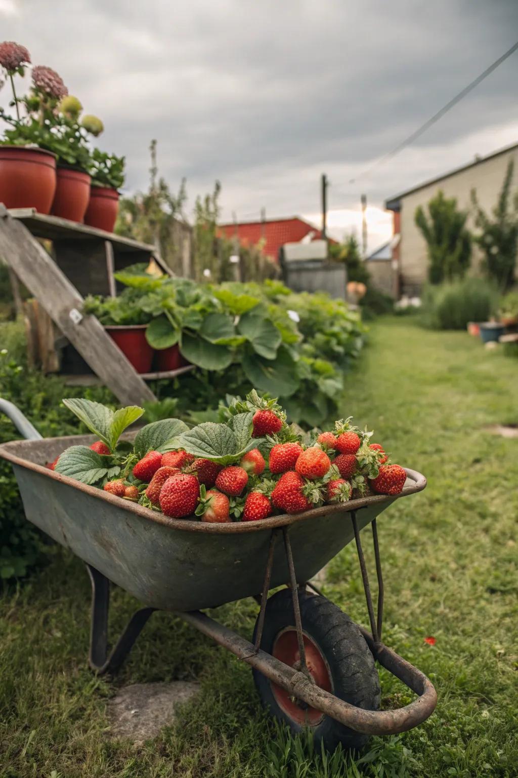 Strawberries growing abundantly in a repurposed handcart.