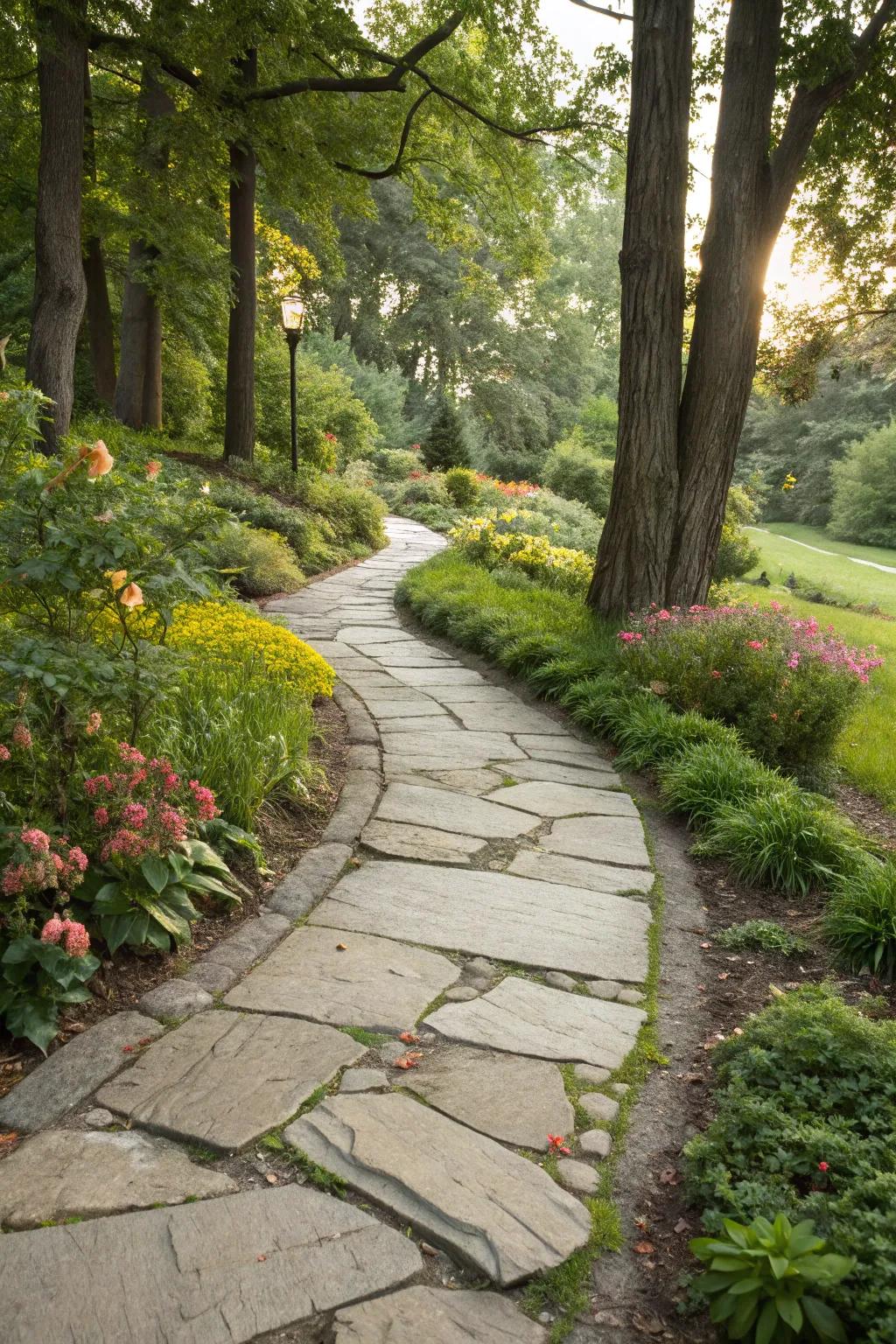 A stone pathway offers appeal and directs visitors in a fashionable manner through your sidewalk garden.