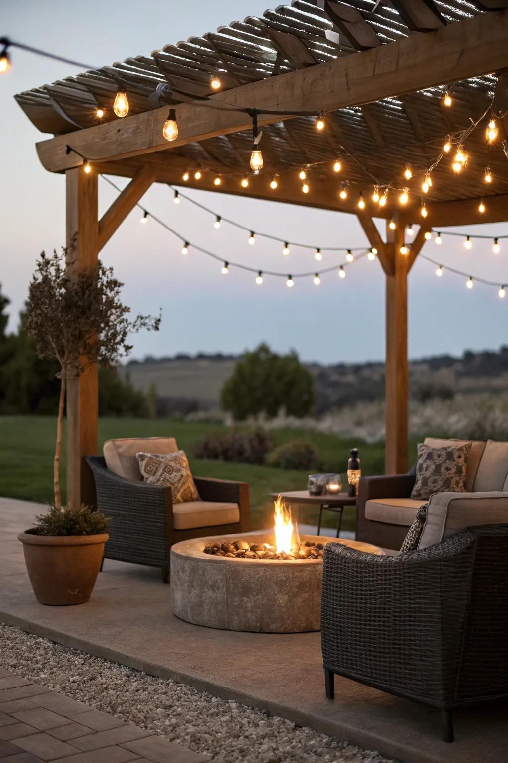Glow strands beneath a pergola fashion a sleek, modern mood.