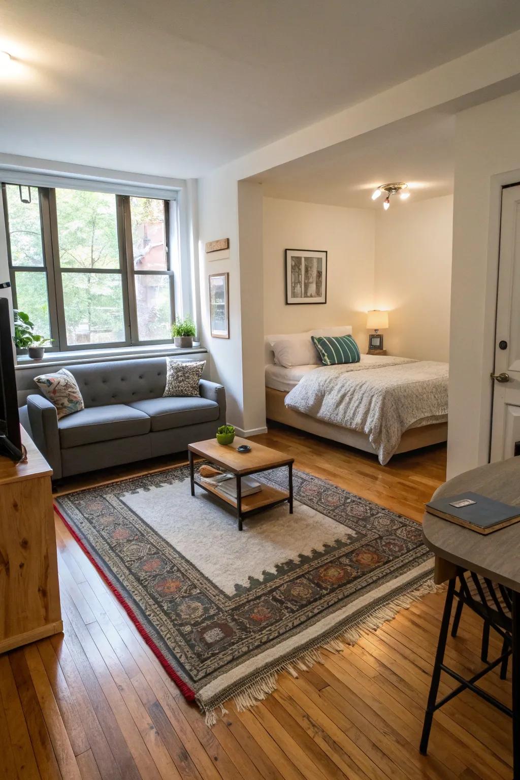 Rugs are useful for defining areas in an open studio layout.