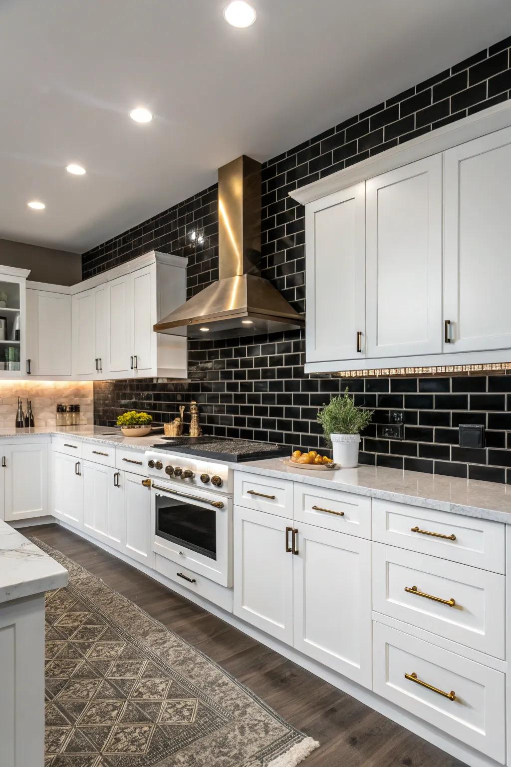 The atmosphere of a kitchen is made more dramatic and elegant by black subway tiles.