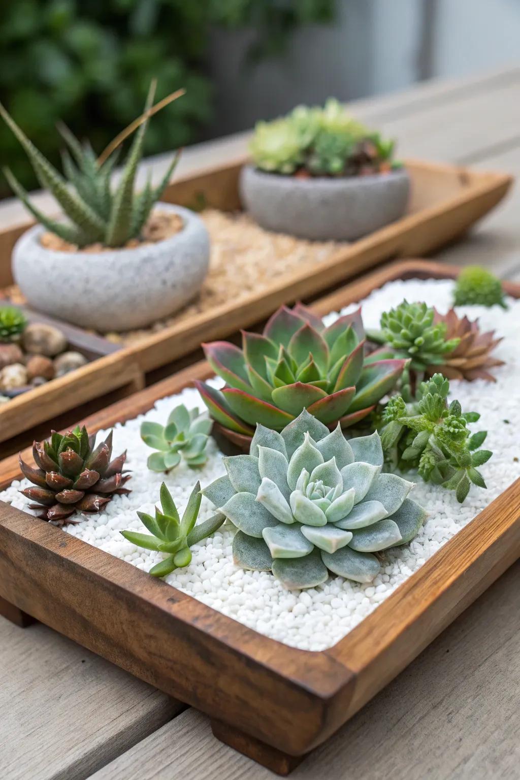 A tranquil zen-style succulent landscape featuring stones.