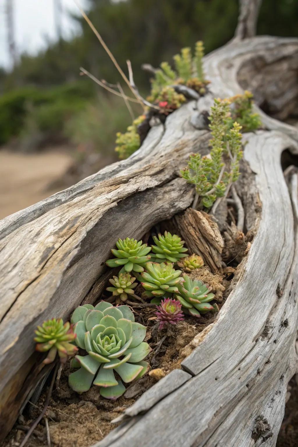 Driftwood and succulents work together to make a great natural show.