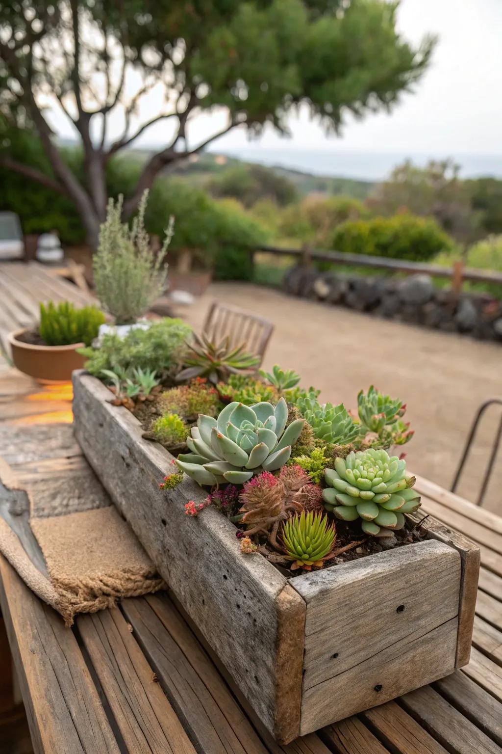 Wood planters bring a rustic charm to succulent displays.