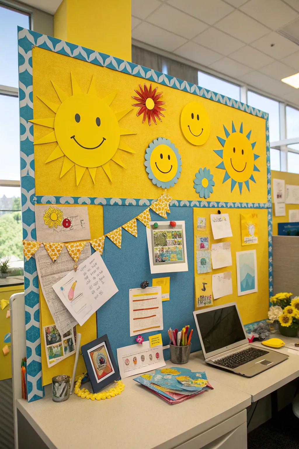 Disseminate sunshine and smiles using vibrant colors and cheerful sun faces.