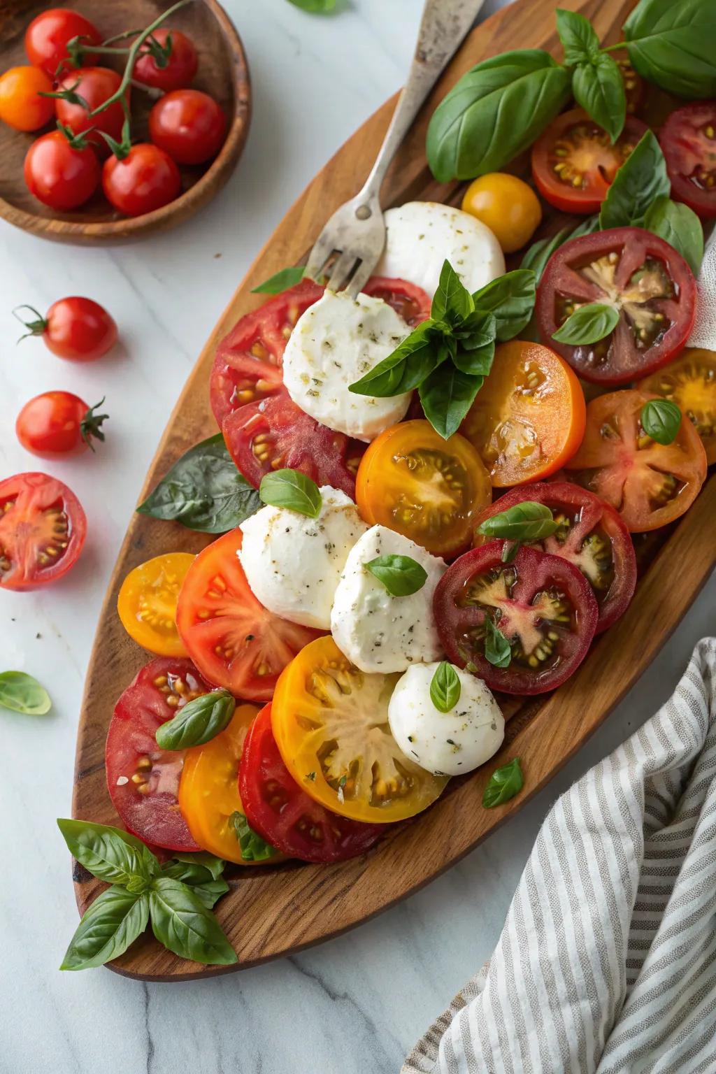 A vivid Caprese arrangement bursting with summer colors.