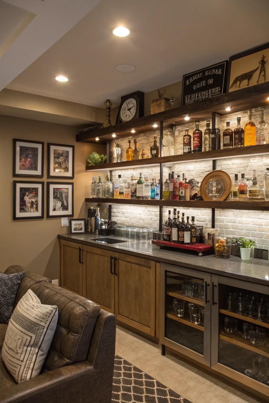 Ornamental shelves offer flair and individuality to this home bar design.