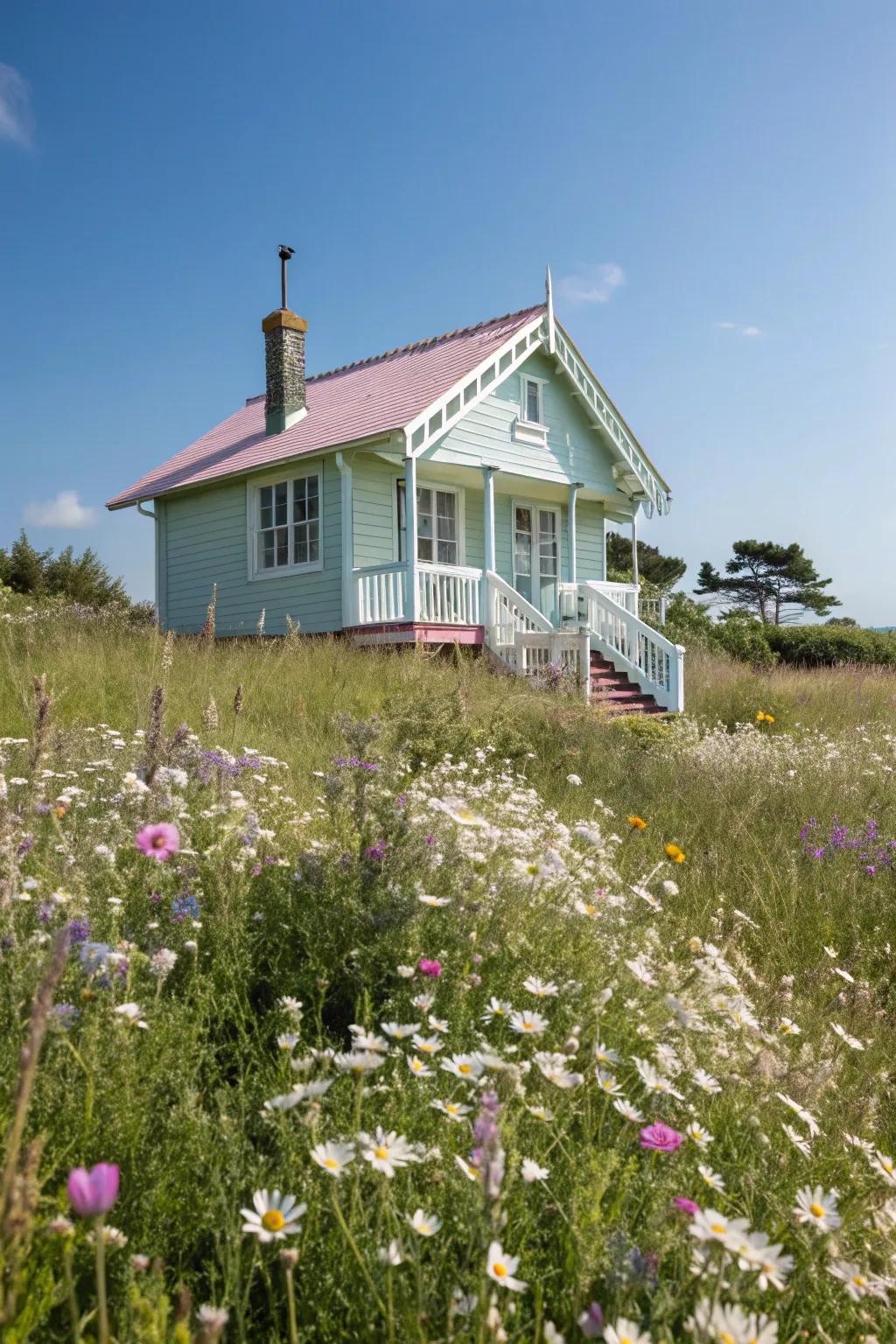 A peaceful summer house in gentle tints, surrounded by wildflowers.