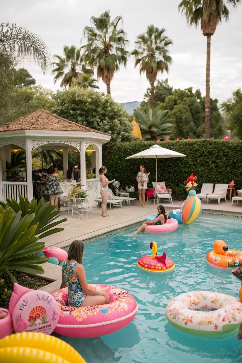 A fun nostalgic pool celebration featuring vibrant floatation devices and vintage swimming costume.