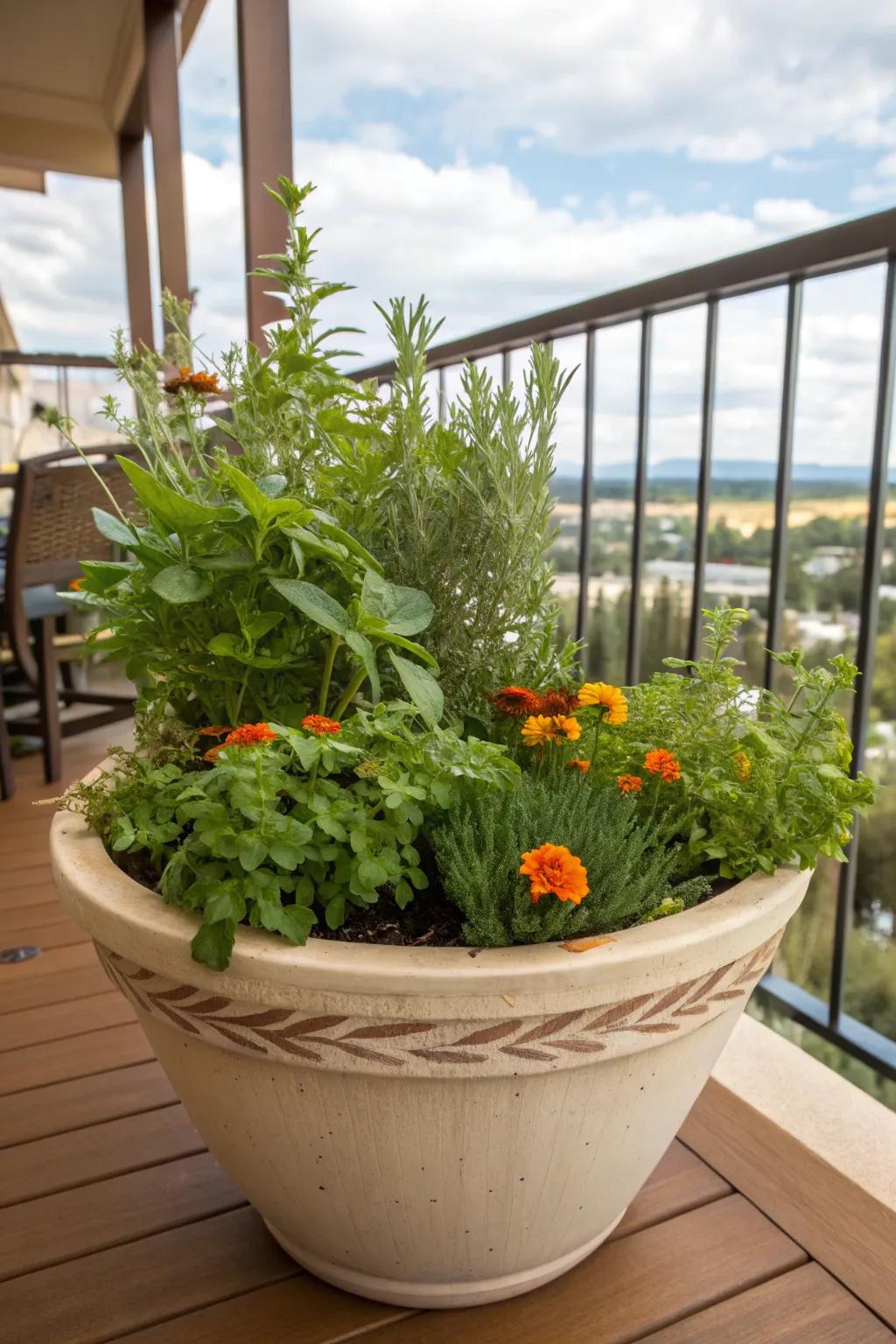Herbs and marigolds displayed in a ceramic vessel