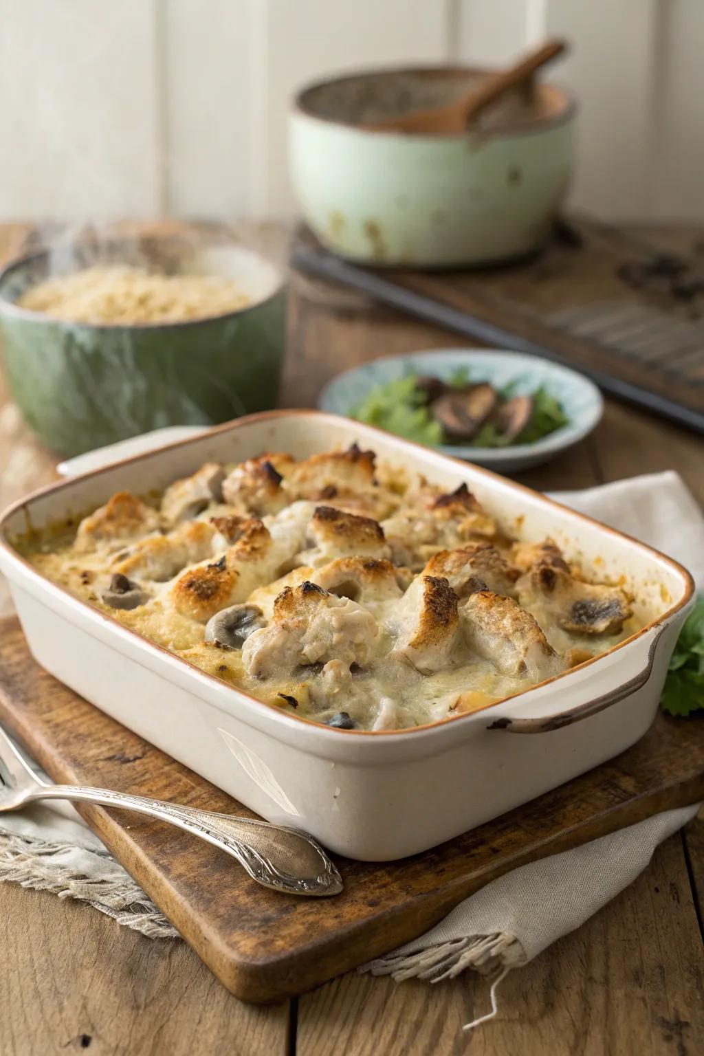 A rich chicken and mushroom bake is a favorite among families.