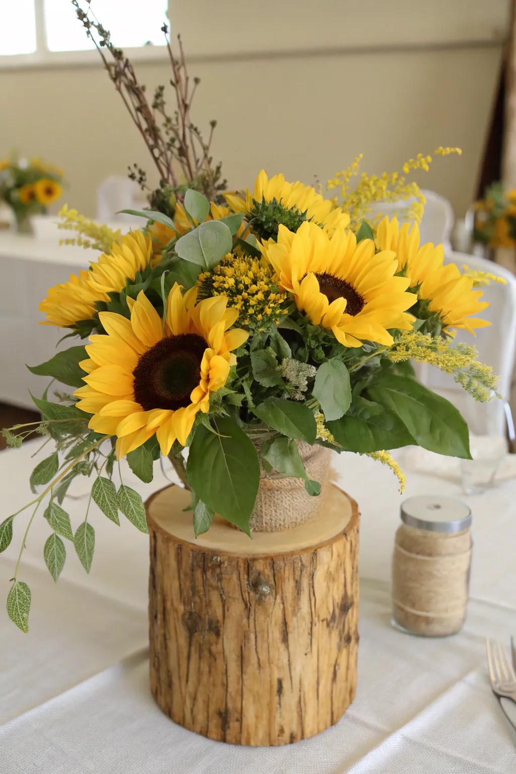 Country daisy centerpiece complemented by timber and natural fiber accents.