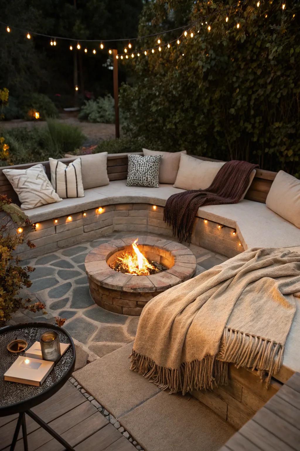 A comfortable and inviting recessed fire pit nook.