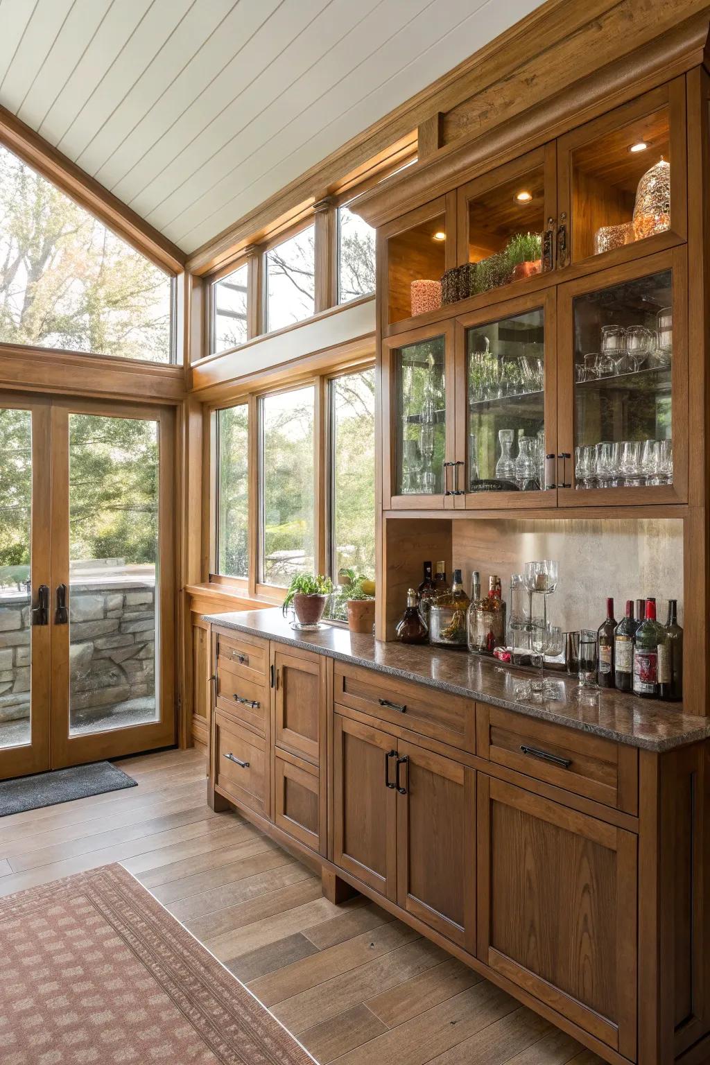 Custom bar elements provide a sleek and efficient use of space in your sunroom.
