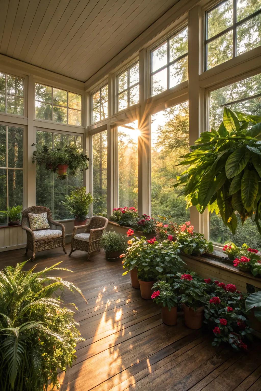 Lush plants draw the outdoor inside, enhancing the sunroom's organic sensation.