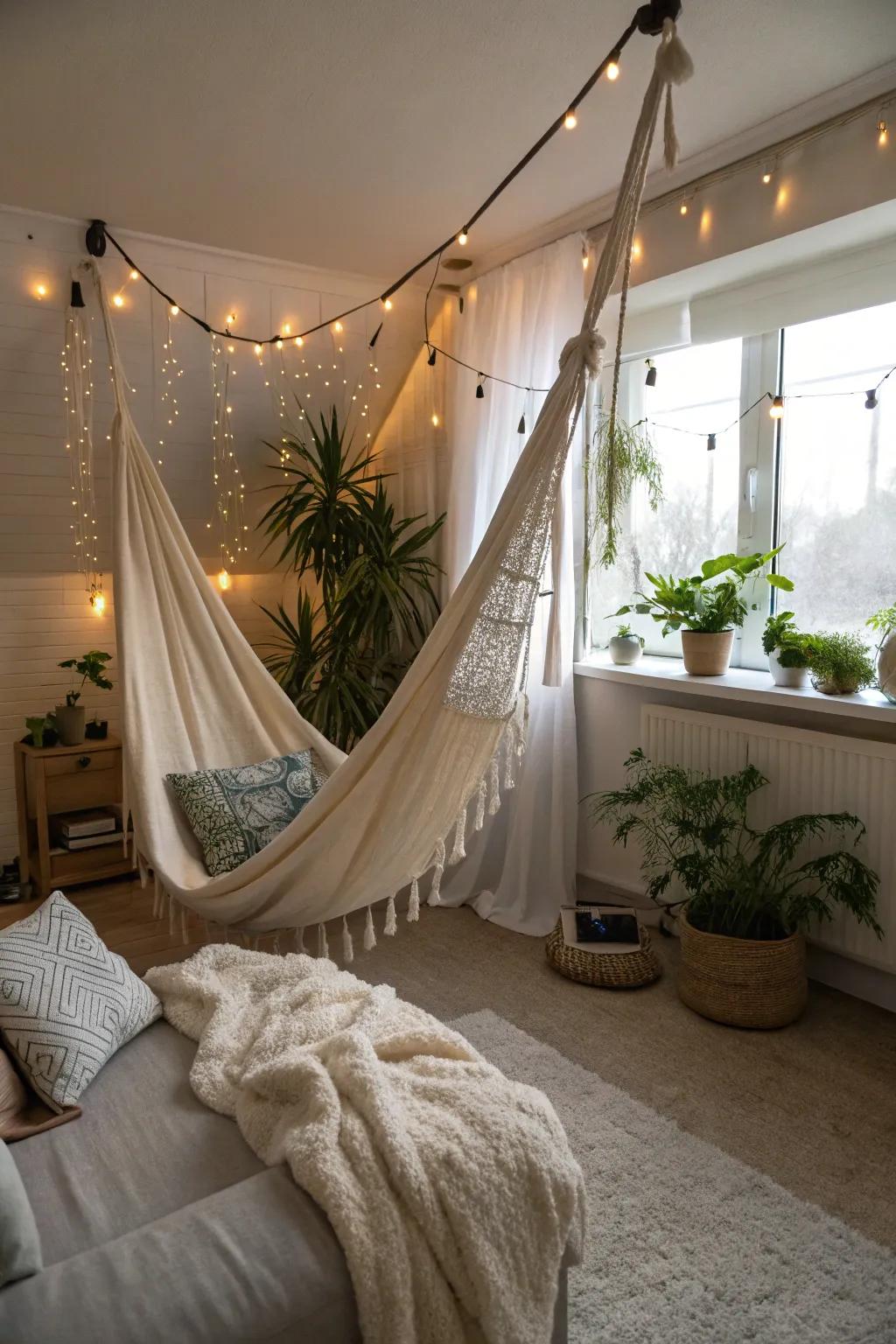 An indoor hammock swing transforms your area into a personal sanctuary.
