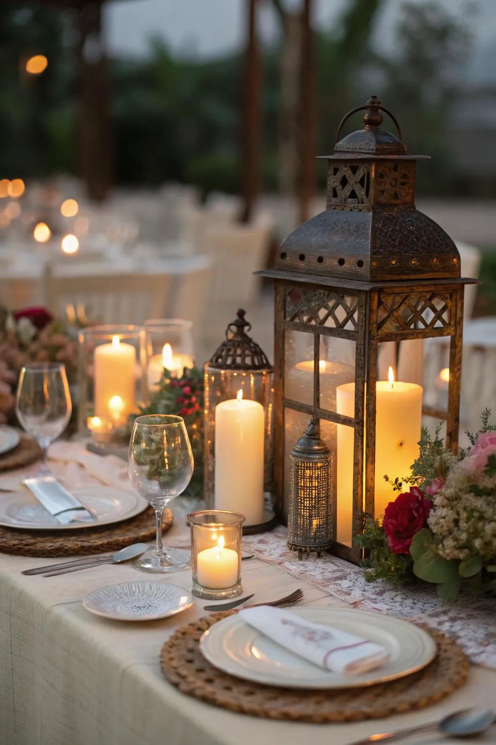 Candles and lights project a snug radiance over your dining setting.