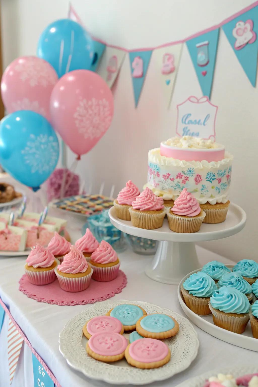 An appealing indulgent treats display presenting sugary food items inside rosy and azure to pleasure your attendees.