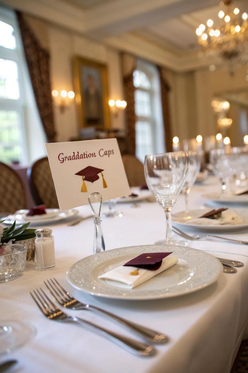 Customized guest markers with tiny graduate's lids make guests feel particularly welcome.