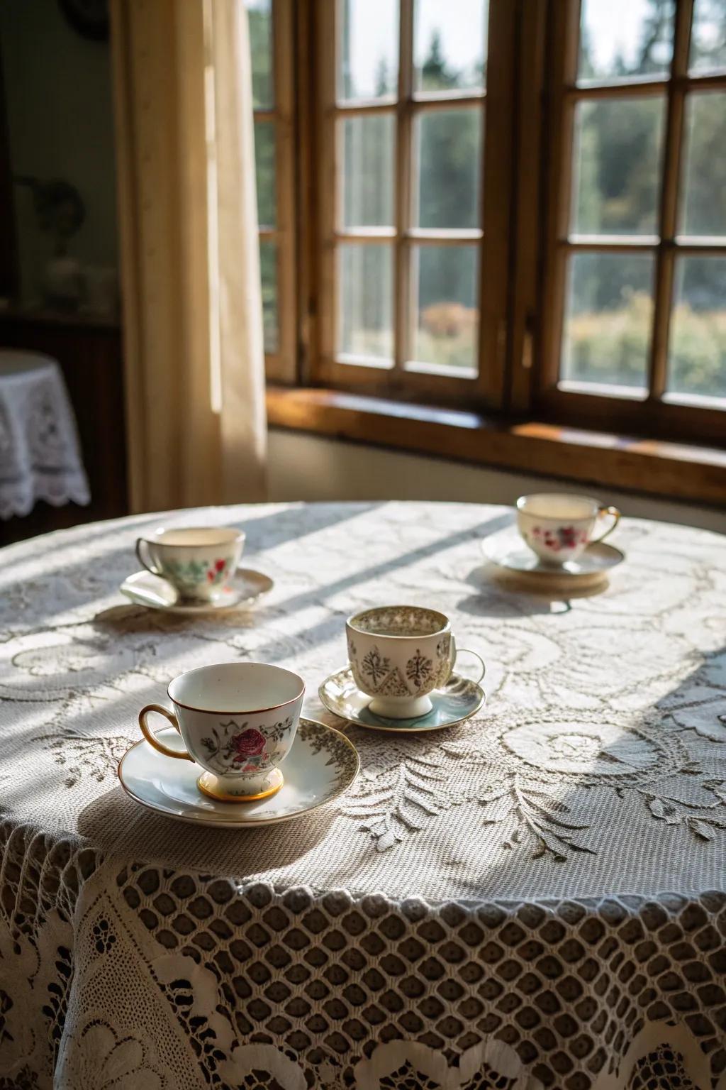 Lace tablecloths cultivate a romantic and elegant atmosphere.