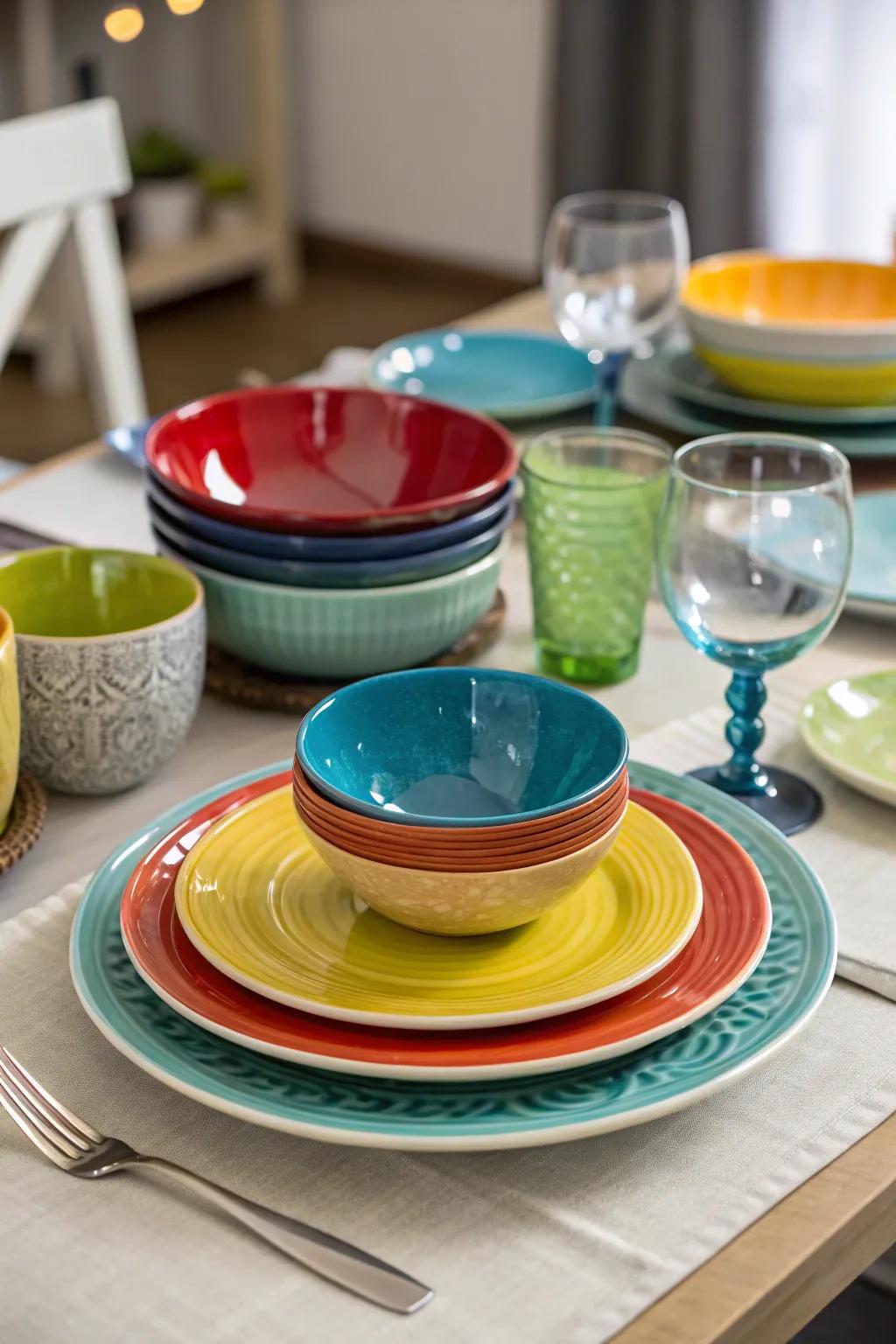 Layered dishes result in a sophisticated and vibrant table arrangement.