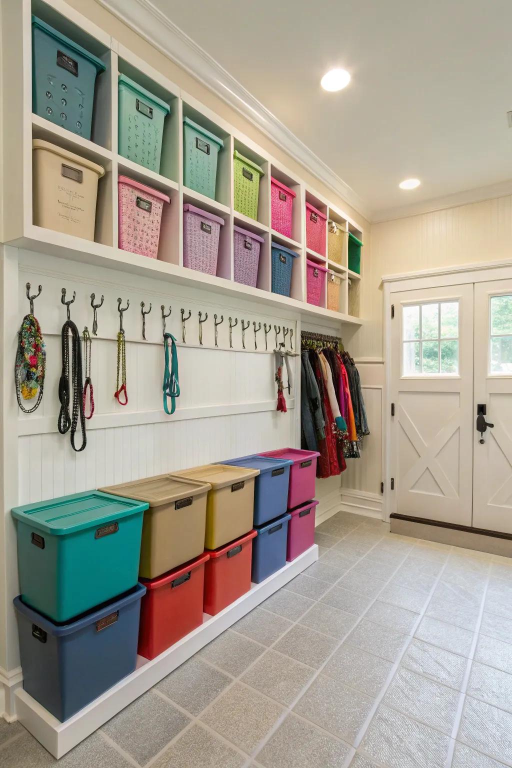 Color-coordinated storage creating a neat display in a tack room.