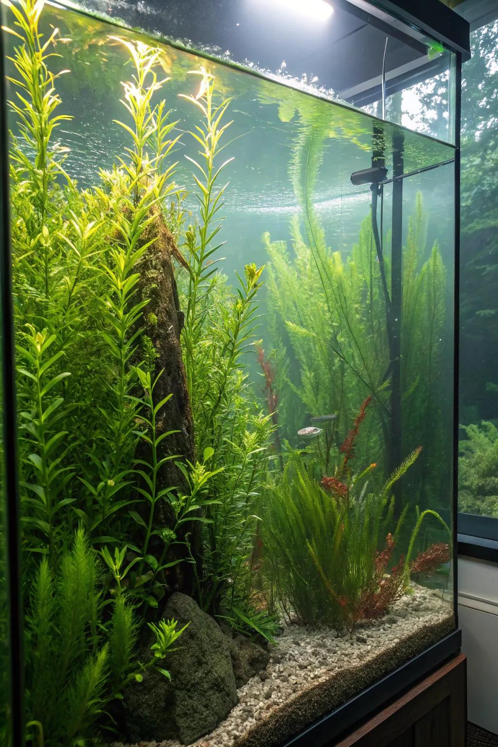 An enthralling aquatic jungle encapsulated within an upright aquarium.