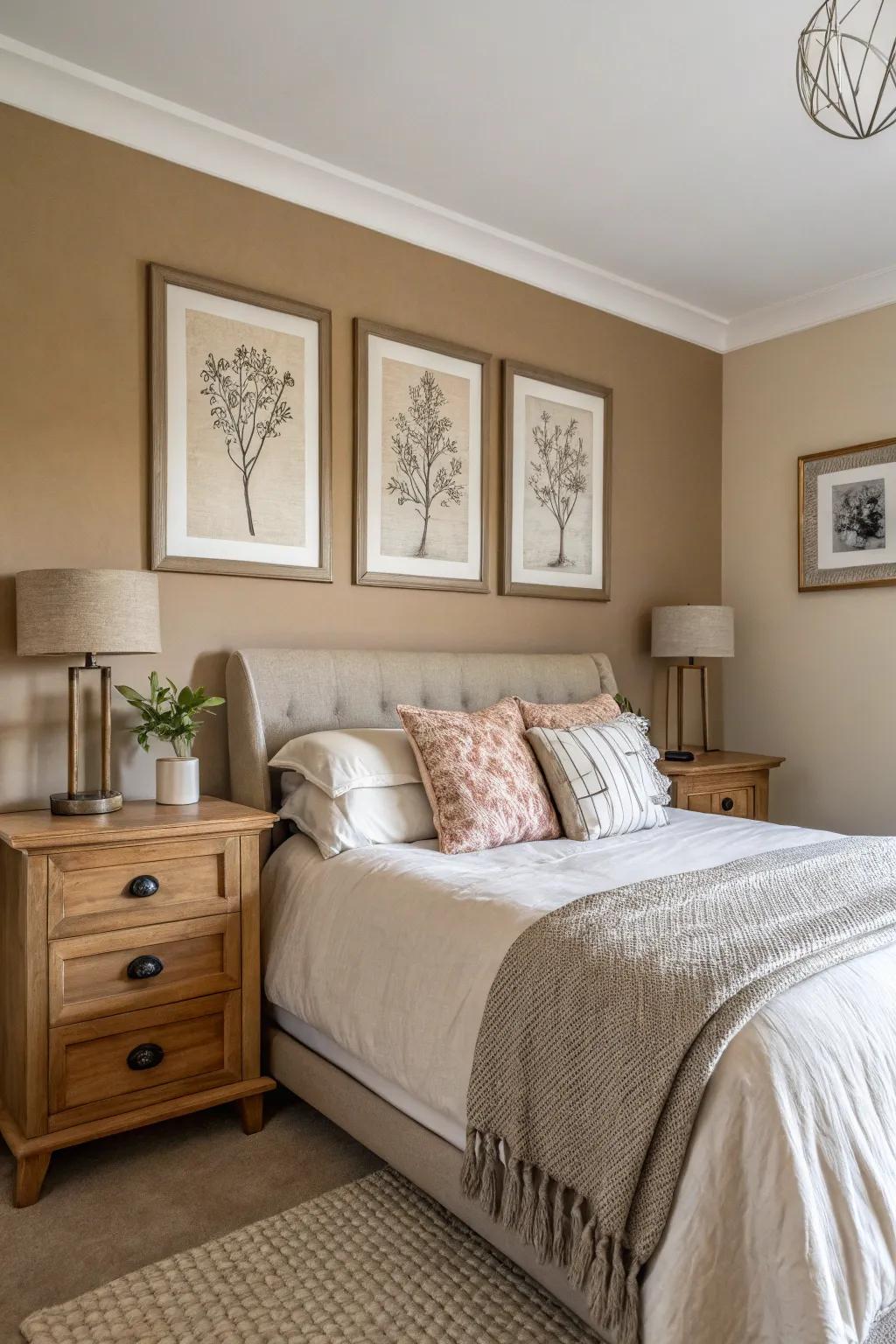 An accent wall in tan gives the bedroom more depth and sophistication.