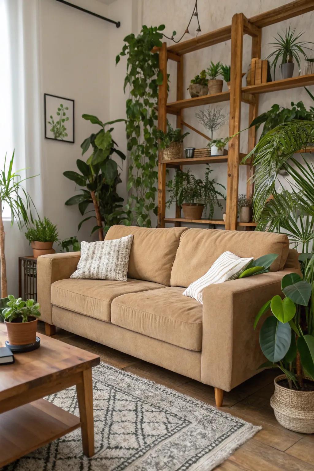 Organic components such as plants and wood enrich the space with warmth and vitality.