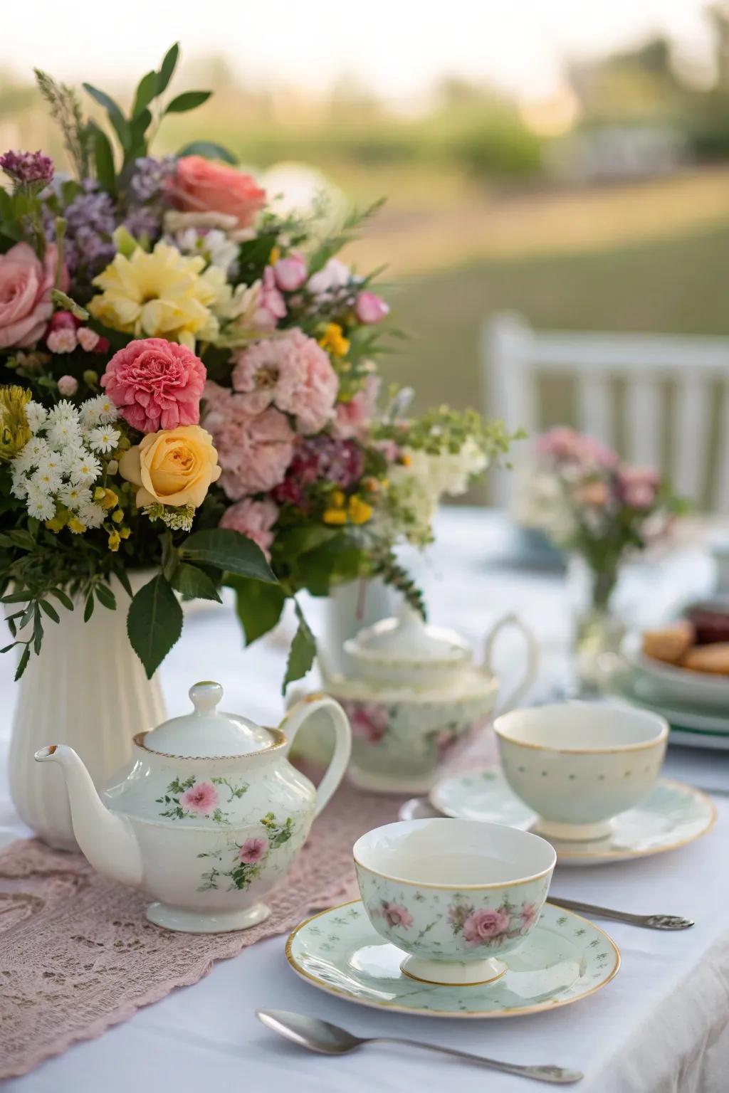 Lush flower decorations bring vibrant color and sophistication to the tea party.