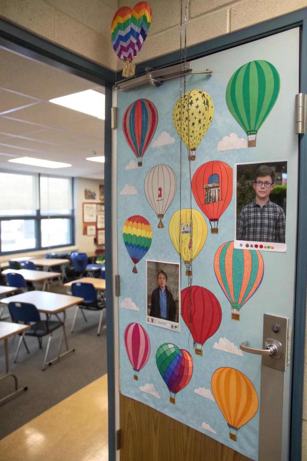 Soaring high with appreciation on a door decorated with hot air balloons.