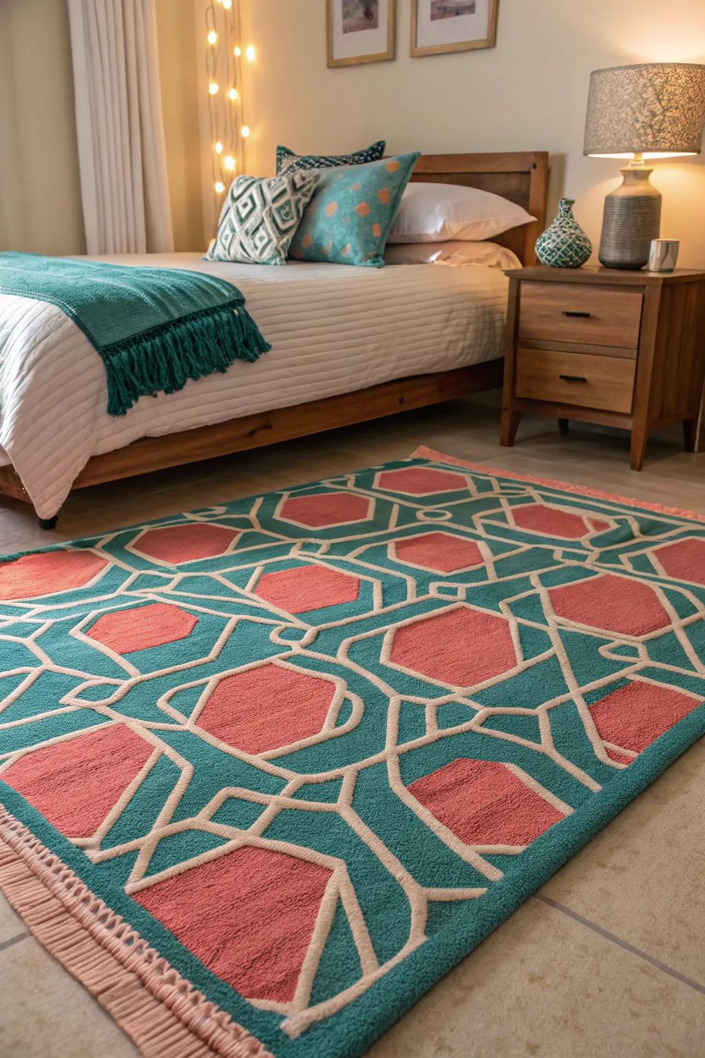 Geometric designs in teal and coral adding a contemporary touch.