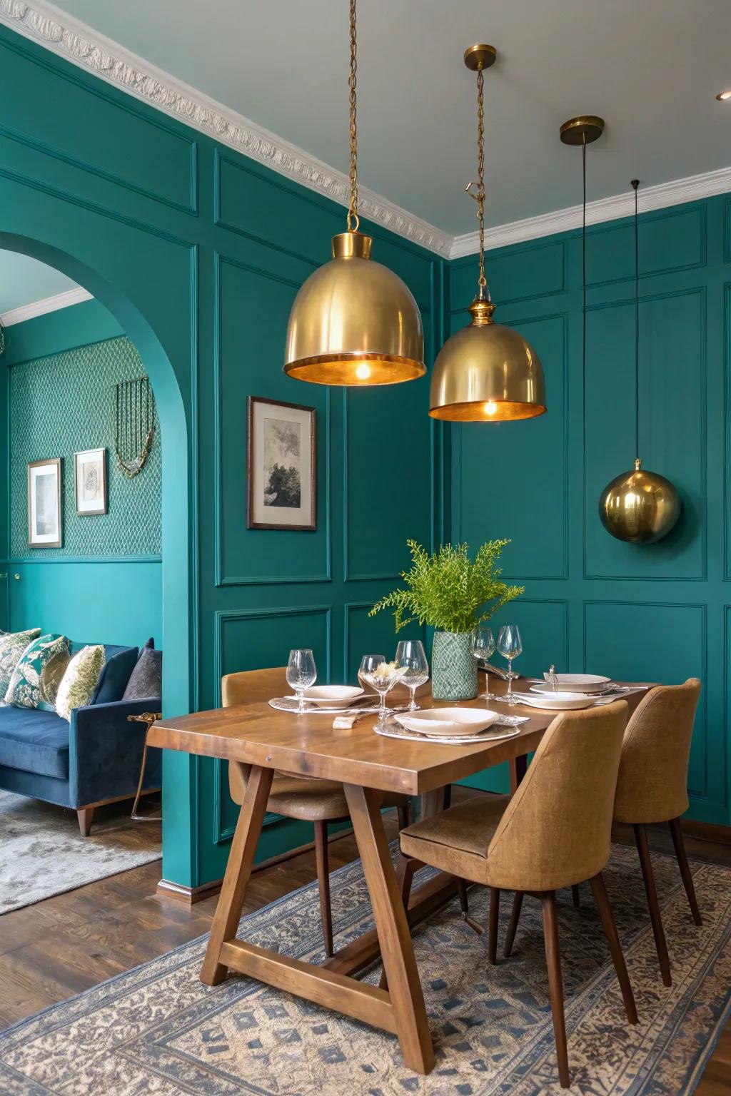 Metallic details enrich the teal design beautifully