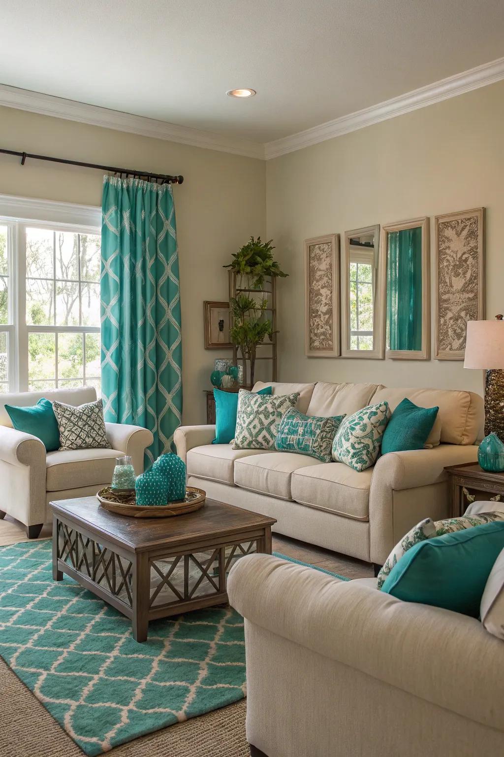 In this serene setting, gentle shades perfectly complement the impact of teal.