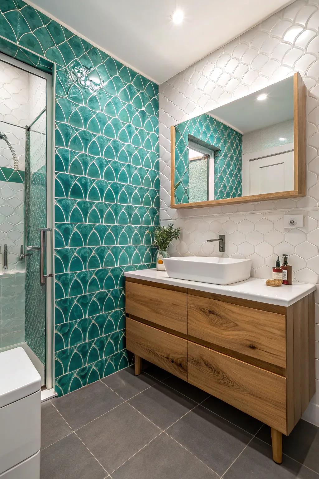 Mixing textures makes teal tiles more visually interesting.