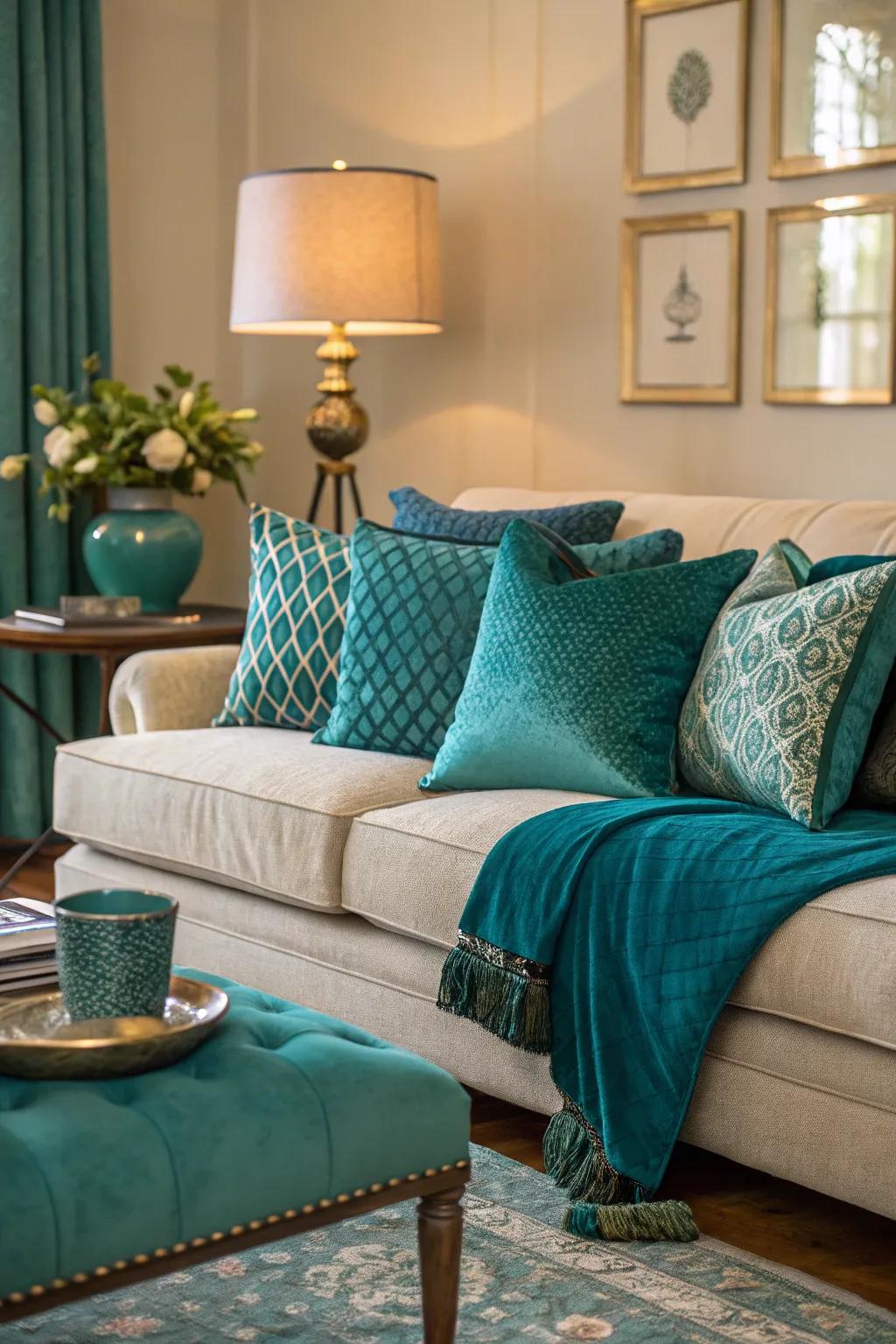 Layered fabrics in teal and turquoise add warmth and intrigue.