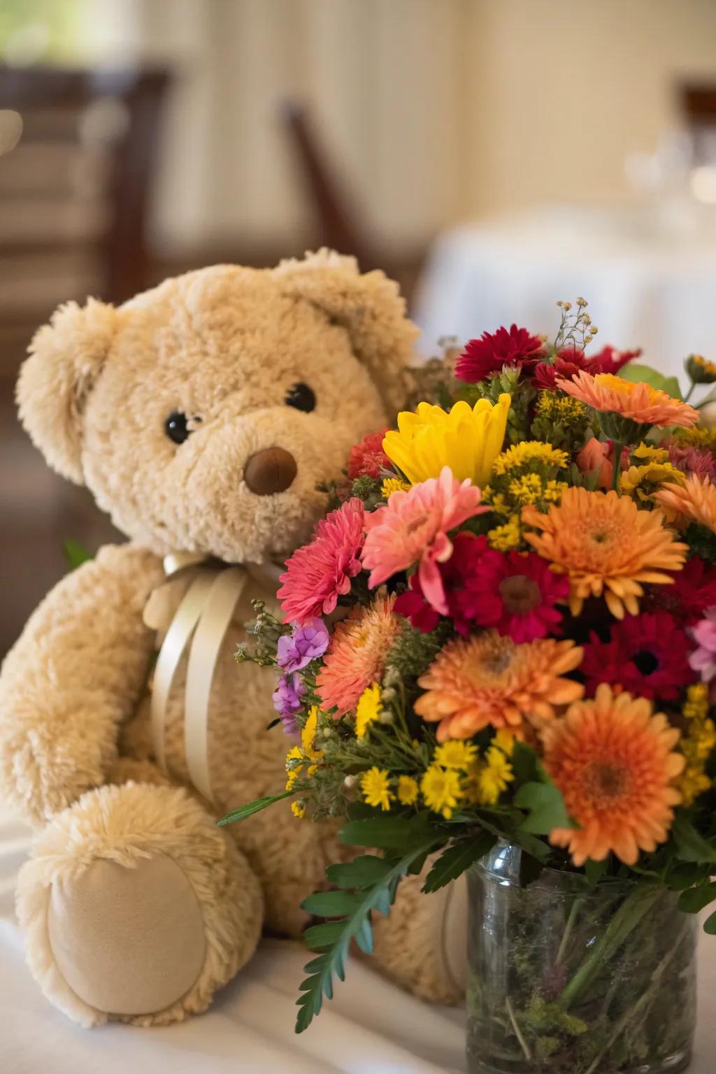 Botanical embellishments boost refinement to a cuddle toy centerpiece.