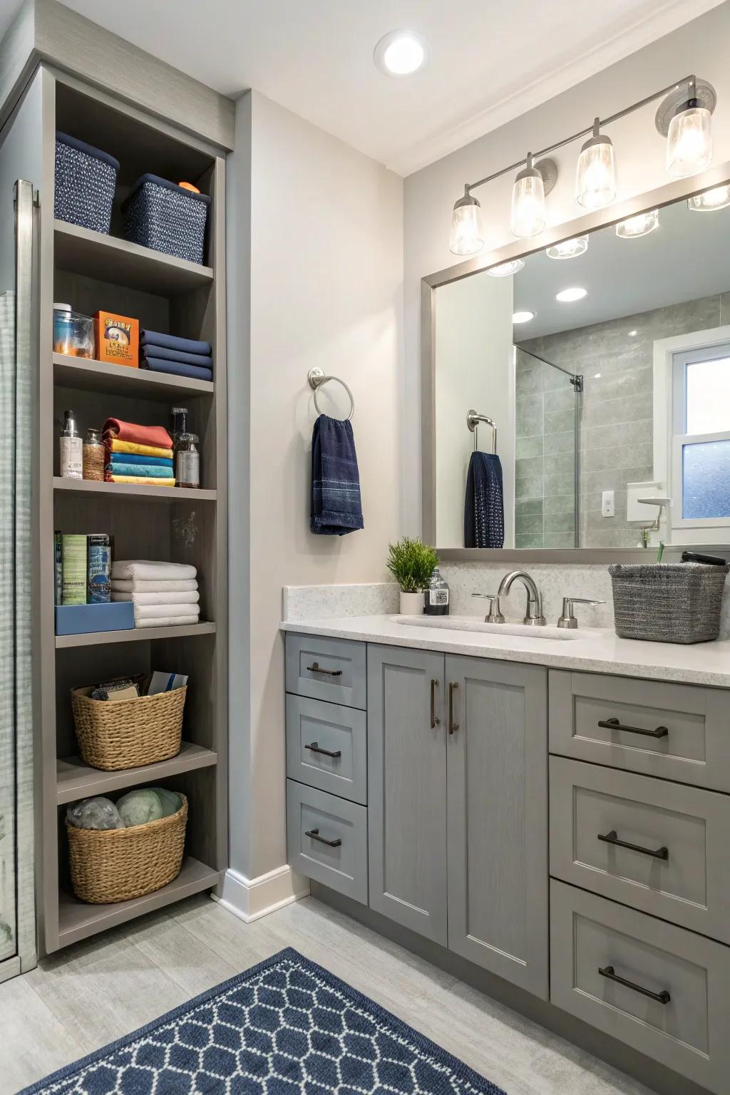 Useful storage helps keep a bathroom tidy and organized.