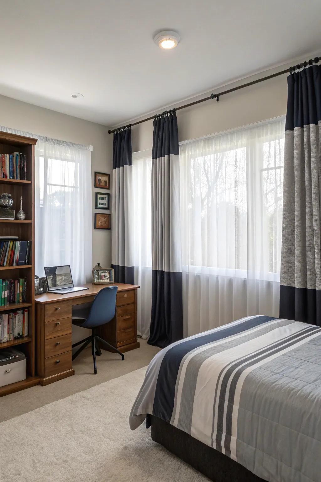 Layered curtains offer flexible light and privacy options.
