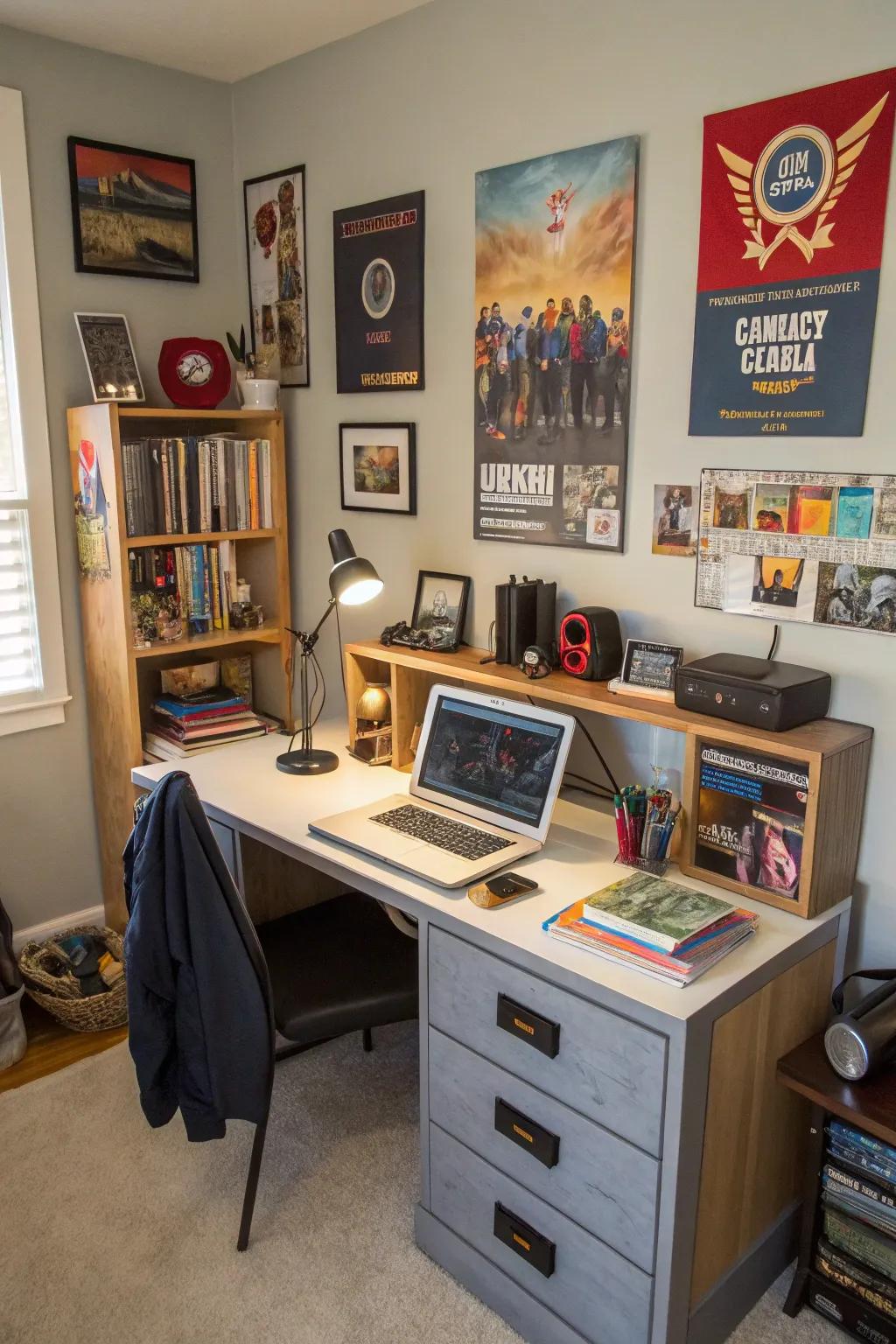 A teen boy's room equipped with a tech-friendly desk and integrated charging options.