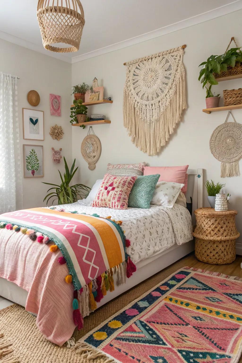 A bohemian-inspired teen girl bedroom featuring abundant textures and diverse decor.