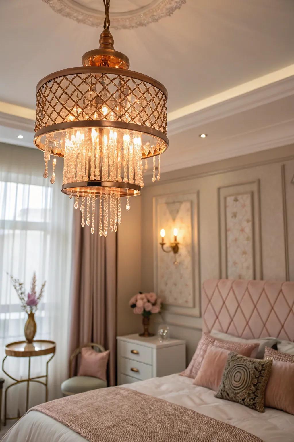 Rose gold light fixtures contribute warmth and refinement.