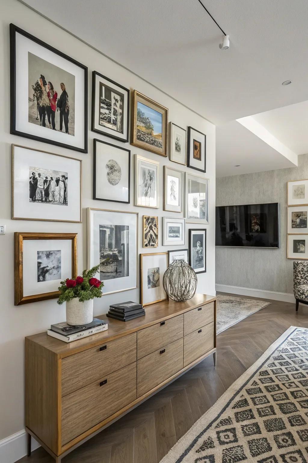 A movable wall is decorated with a carefully arranged selection of artworks and photos.